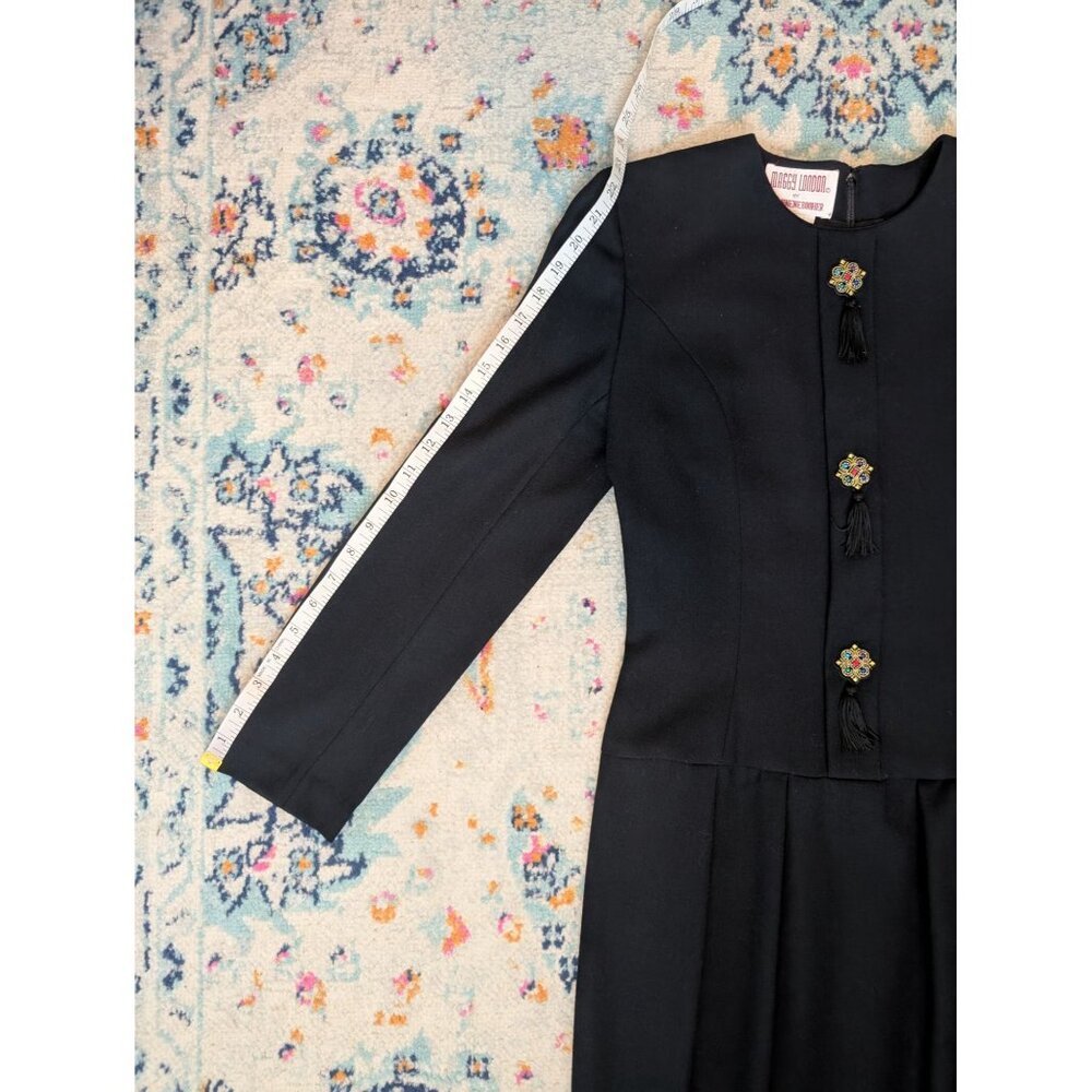 Vintage Maggy London Black Wool Dress W/ Embellished Appliques & Tassels - 4 - Picture 10 of 10